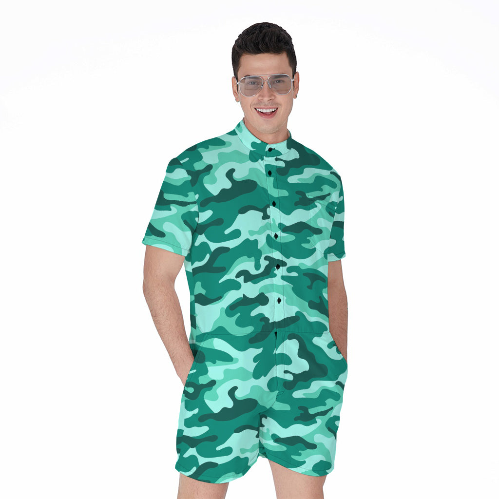 Teal Camouflage Print Men's Rompers