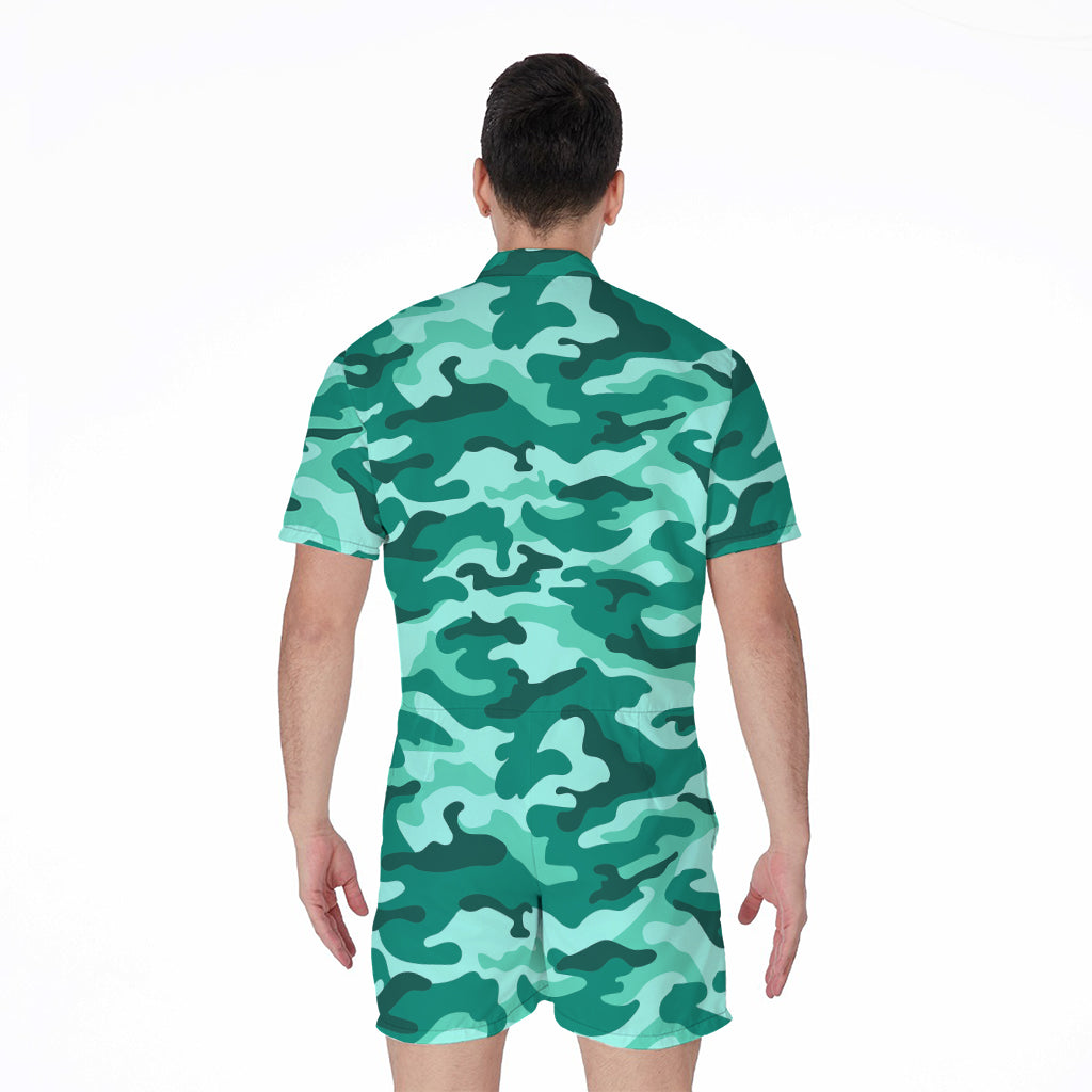 Teal Camouflage Print Men's Rompers