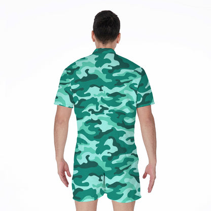 Teal Camouflage Print Men's Rompers