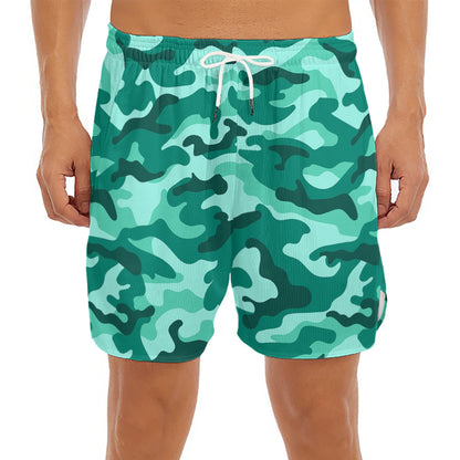 Teal Camouflage Print Men's Split Running Shorts