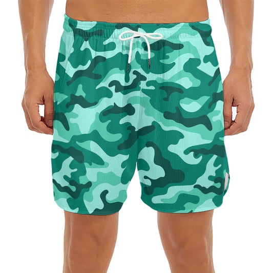Teal Camouflage Print Men's Split Running Shorts