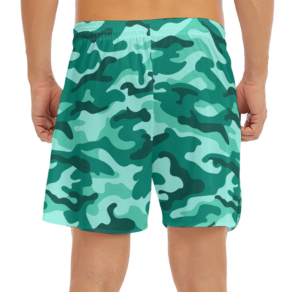 Teal Camouflage Print Men's Split Running Shorts