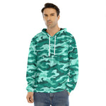 Teal Camouflage Print Men's Velvet Pullover Hoodie