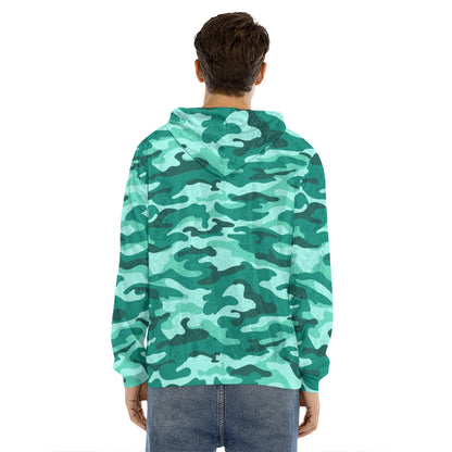 Teal Camouflage Print Men's Velvet Pullover Hoodie
