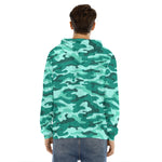 Teal Camouflage Print Men's Velvet Pullover Hoodie