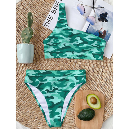 Teal Camouflage Print One Shoulder Bikini Top