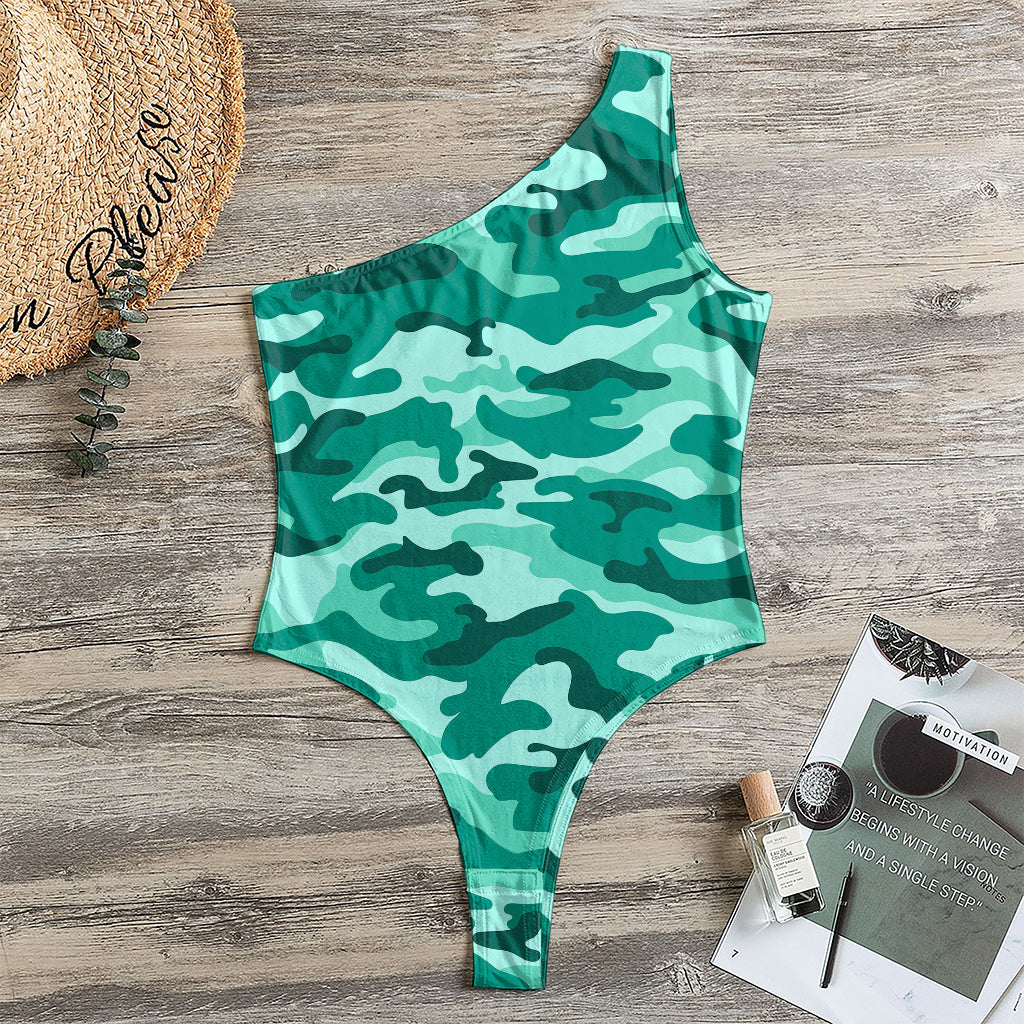 Teal Camouflage Print One Shoulder Bodysuit