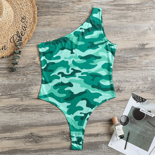 Teal Camouflage Print One Shoulder Bodysuit