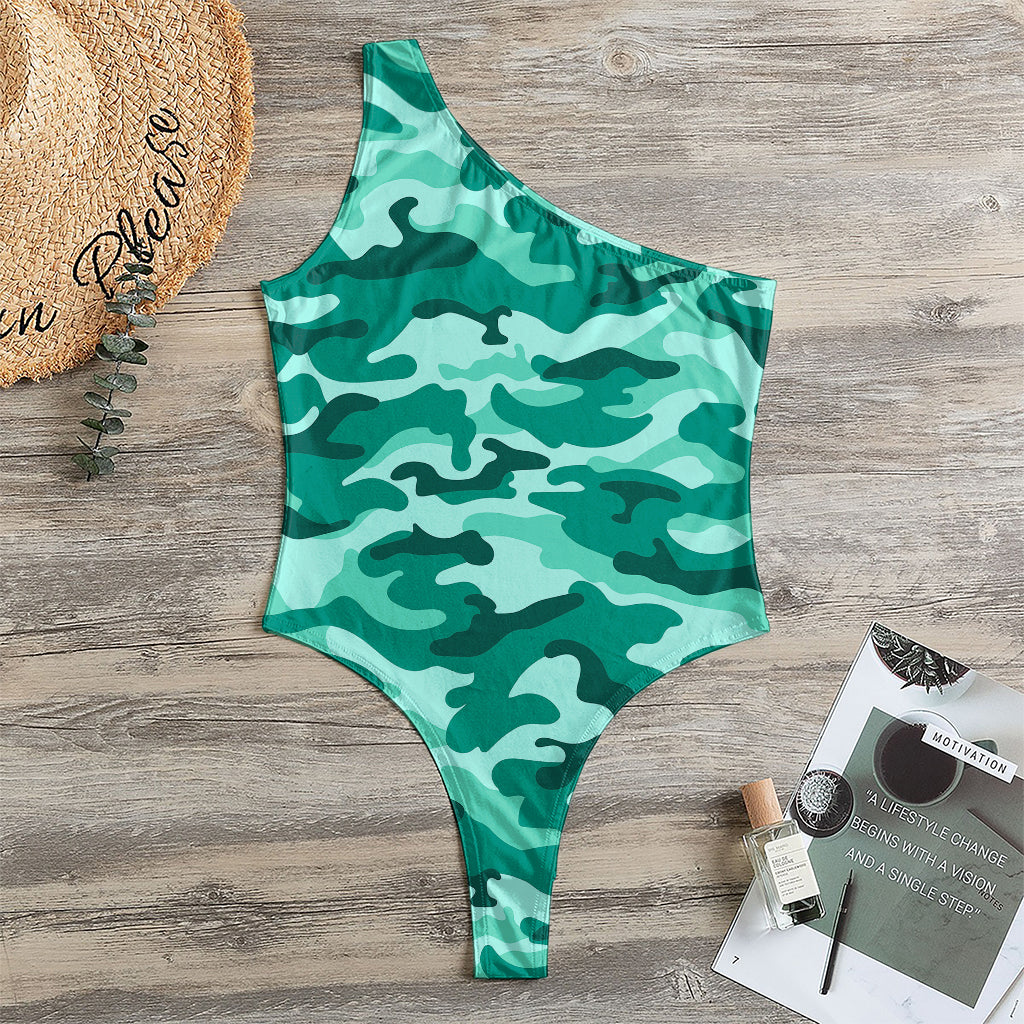Teal Camouflage Print One Shoulder Bodysuit