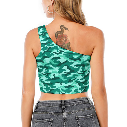 Teal Camouflage Print One Shoulder Crop Top