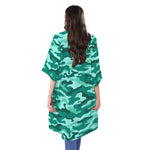 Teal Camouflage Print Open Front Beach Cover Up
