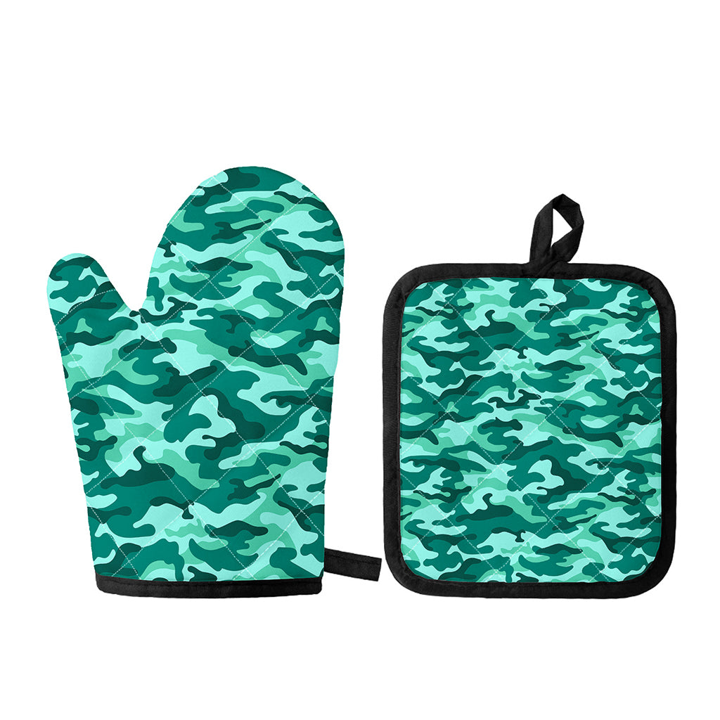 Teal Camouflage Print Oven Mitt And Pot Holder Set