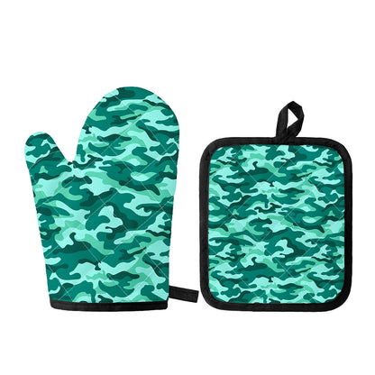 Teal Camouflage Print Oven Mitt And Pot Holder Set