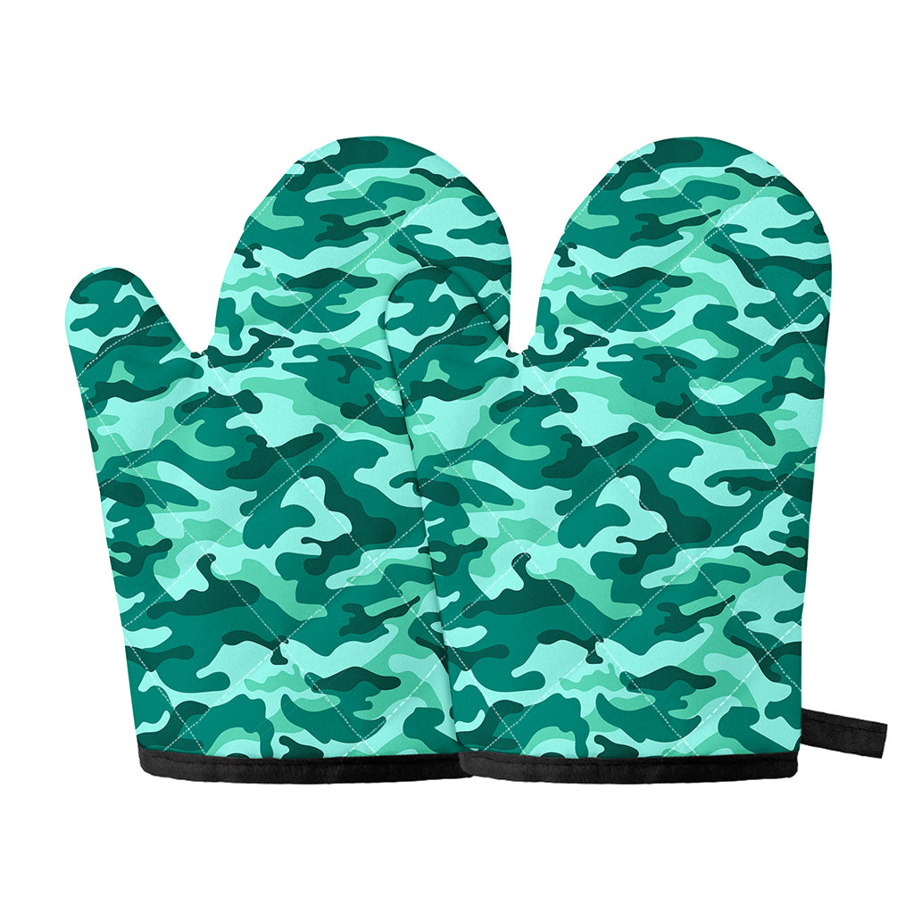 Teal Camouflage Print Oven Mitts