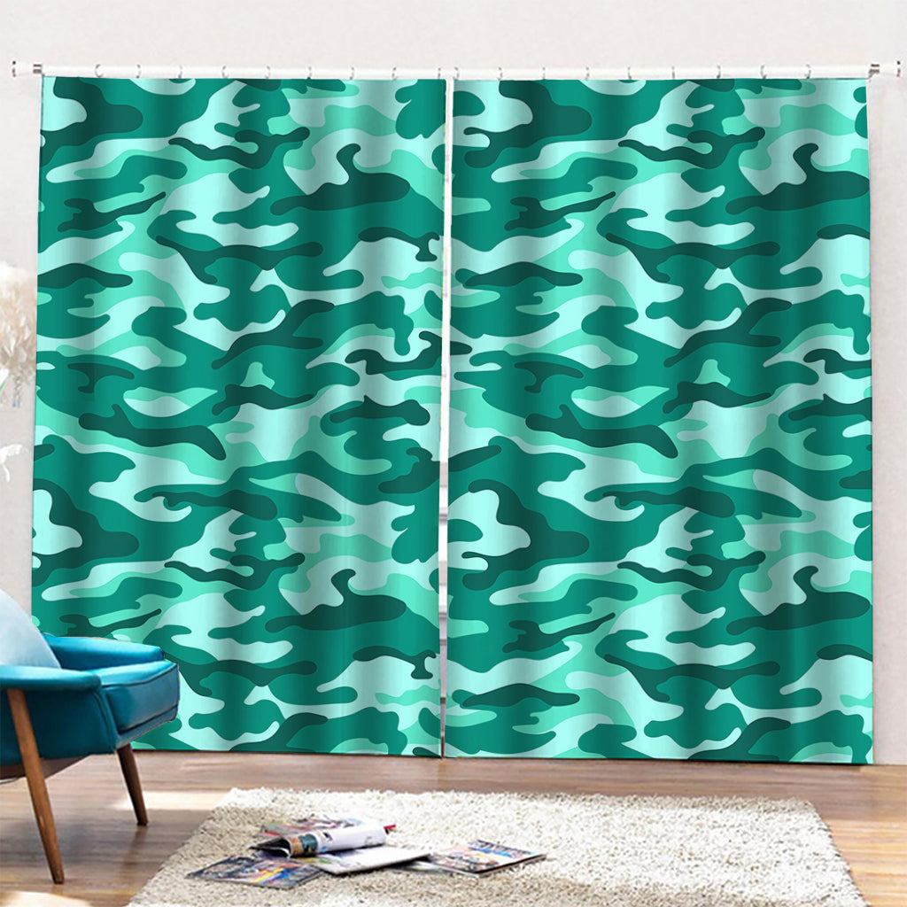 Teal Camouflage Print Pencil Pleat Curtains