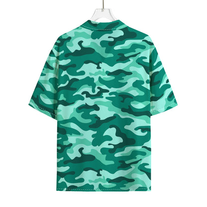 Teal Camouflage Print Rayon Hawaiian Shirt