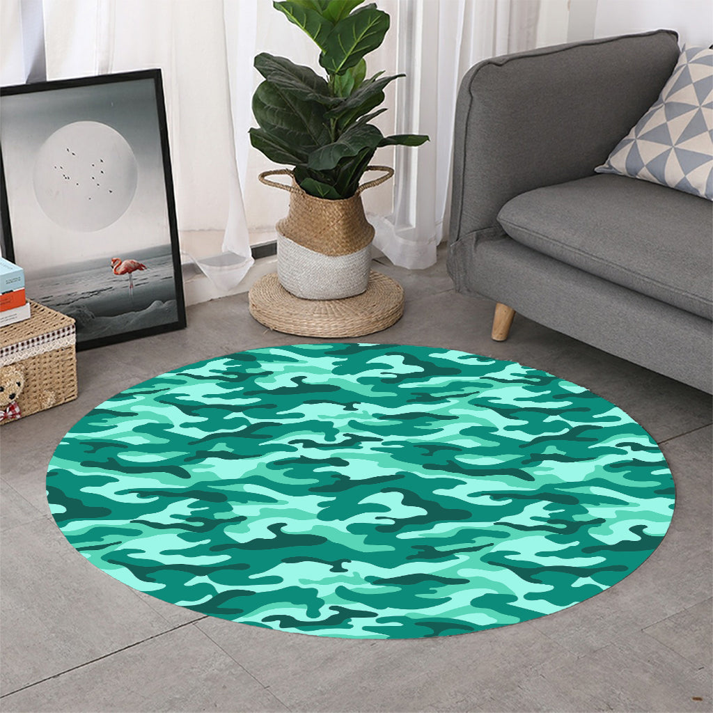 Teal Camouflage Print Round Rug