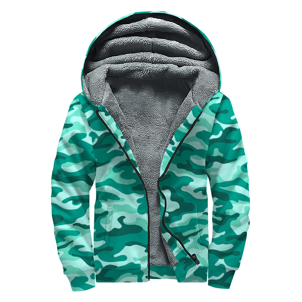 Teal Camouflage Print Sherpa Lined Zip Up Hoodie