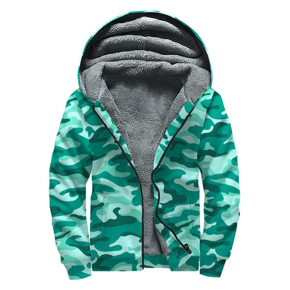 Teal Camouflage Print Sherpa Lined Zip Up Hoodie