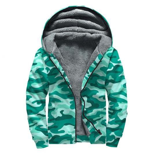 Teal Camouflage Print Sherpa Lined Zip Up Hoodie
