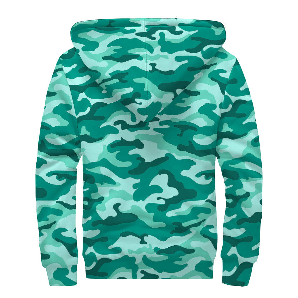Teal Camouflage Print Sherpa Lined Zip Up Hoodie