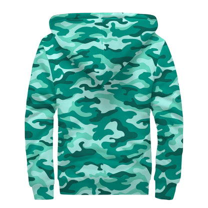 Teal Camouflage Print Sherpa Lined Zip Up Hoodie