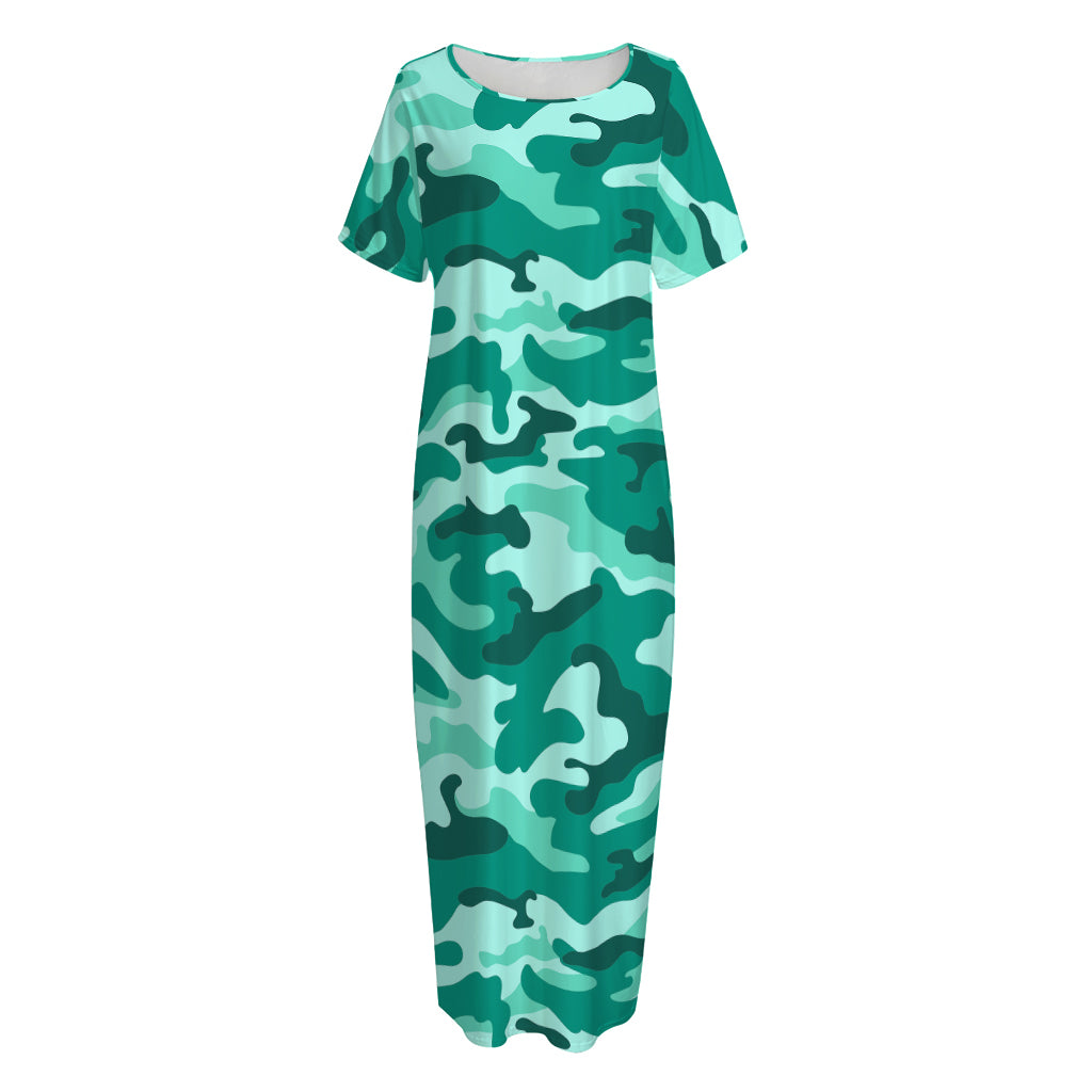 Teal Camouflage Print Short Sleeve Long Nightdress