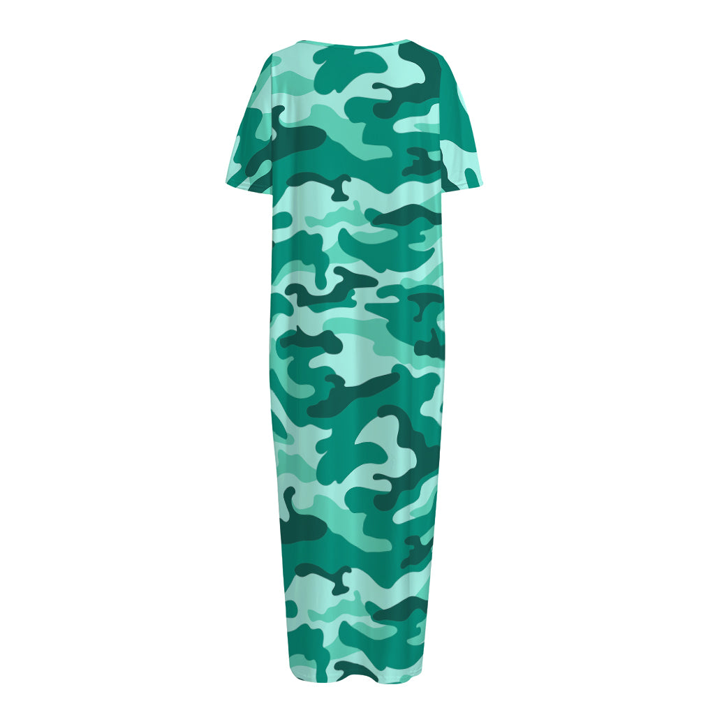 Teal Camouflage Print Short Sleeve Long Nightdress