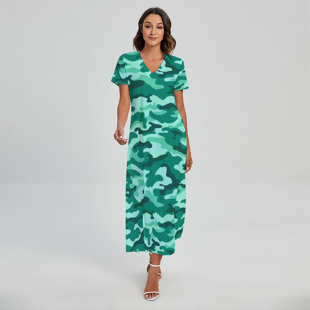 Teal Camouflage Print Short Sleeve Maxi Dress