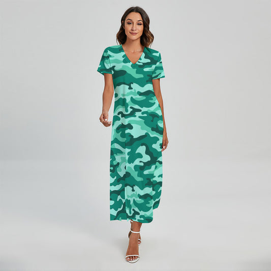 Teal Camouflage Print Short Sleeve Maxi Dress