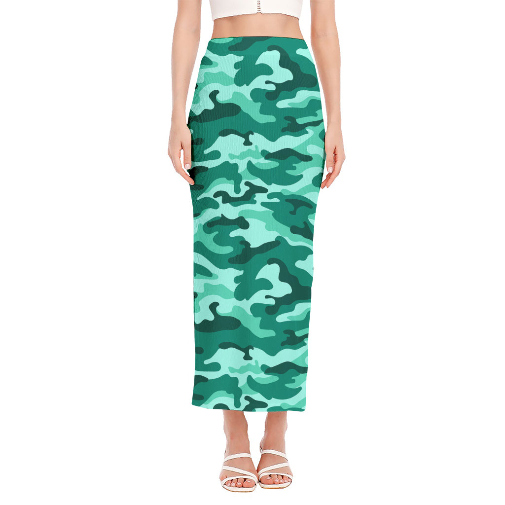 Teal Camouflage Print Side Slit Maxi Skirt