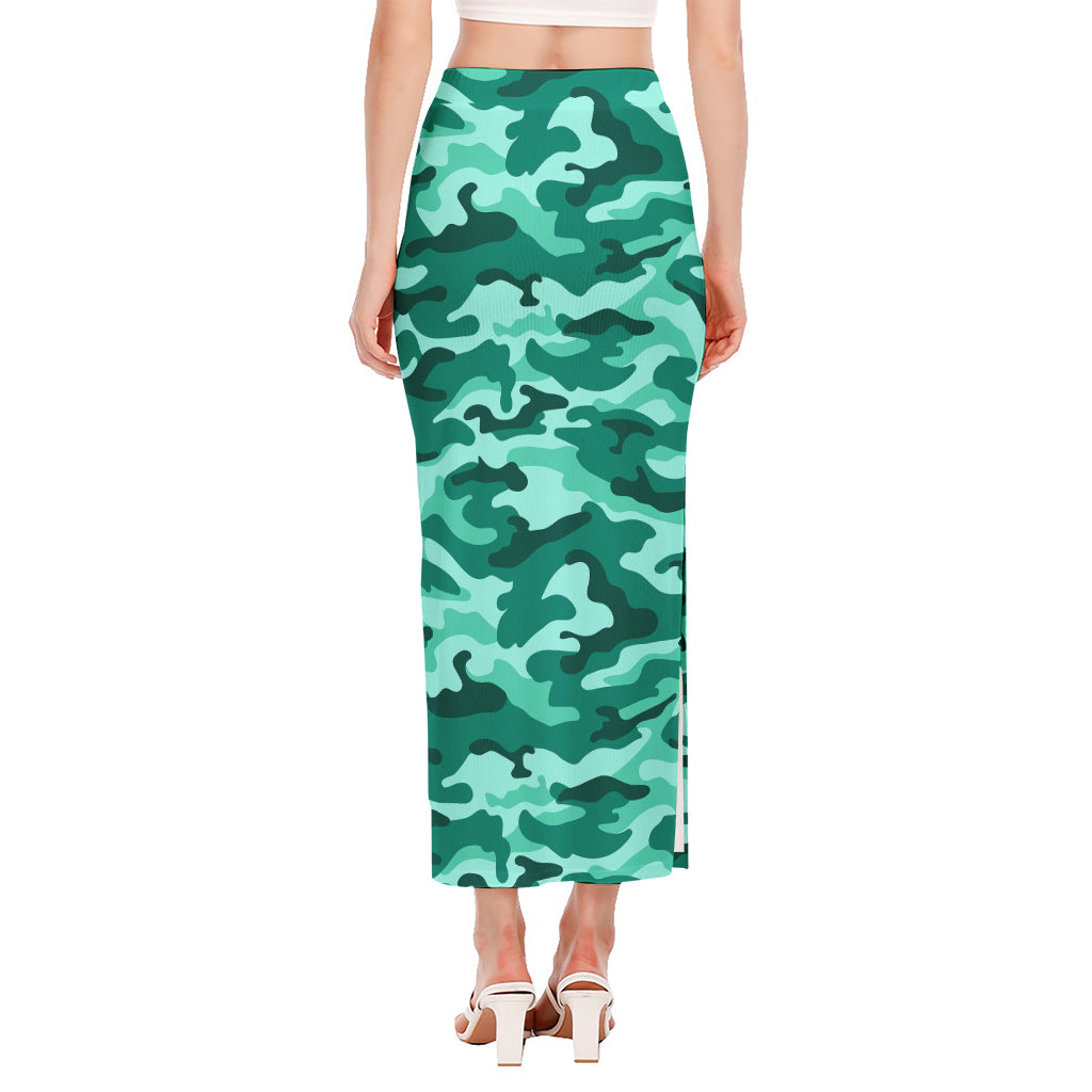 Teal Camouflage Print Side Slit Maxi Skirt