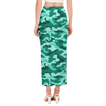 Teal Camouflage Print Side Slit Maxi Skirt