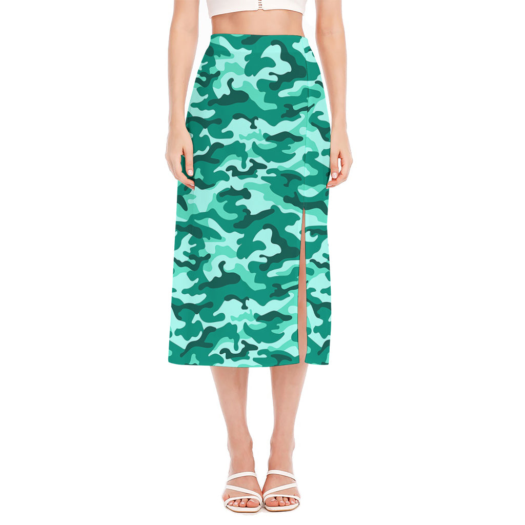 Teal Camouflage Print Side Slit Midi Skirt
