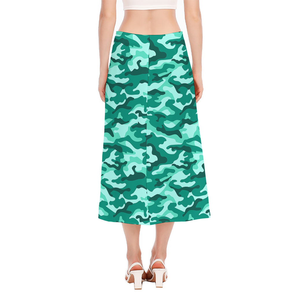 Teal Camouflage Print Side Slit Midi Skirt
