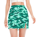 Teal Camouflage Print Side Slit Mini Skirt