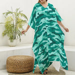 Teal Camouflage Print Silk V-Neck Kaftan Dress