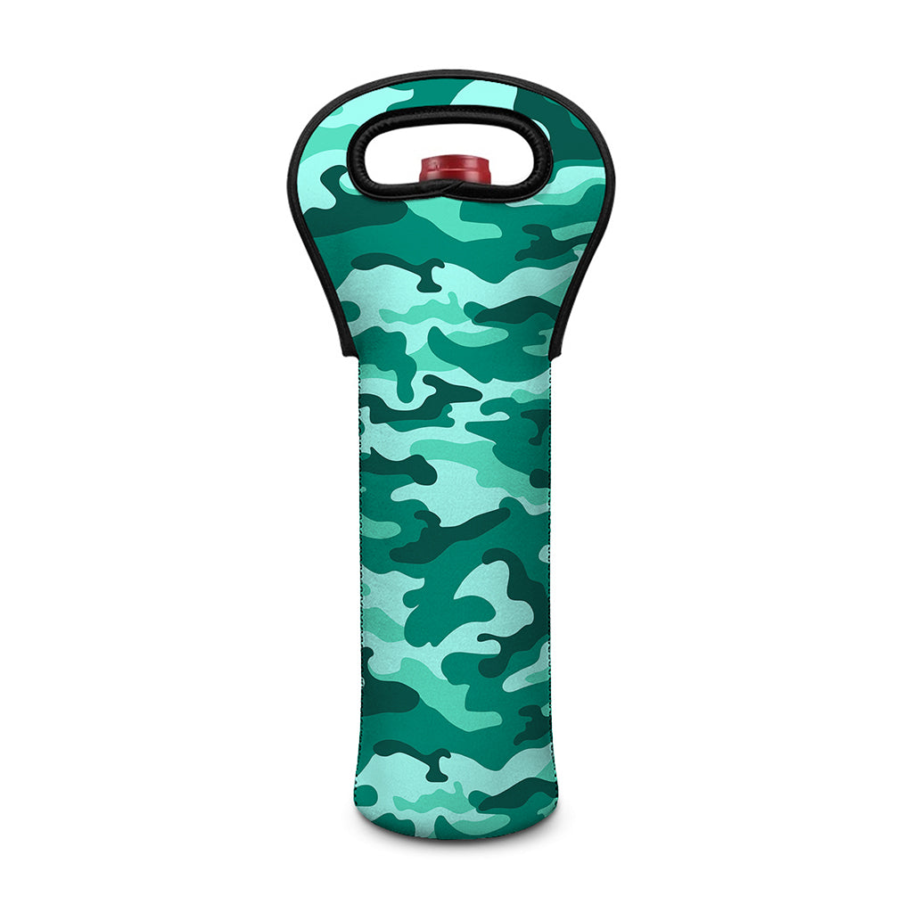 Teal Camouflage Print Single Neoprene Wine Tote