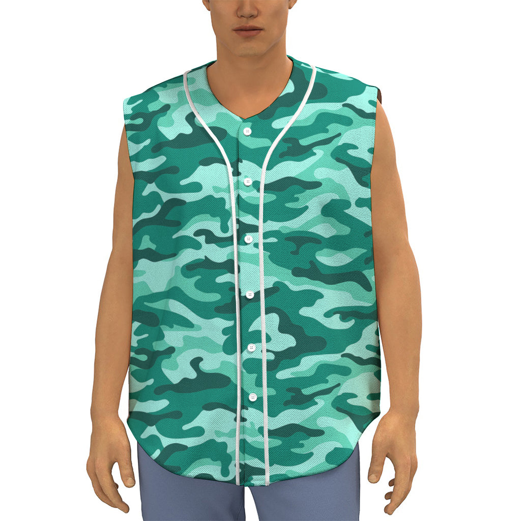 Teal Camouflage Print Sleeveless Baseball Jersey