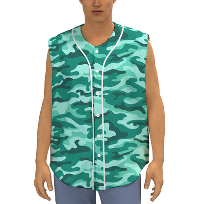 Teal Camouflage Print Sleeveless Baseball Jersey