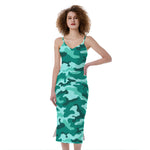 Teal Camouflage Print Slim Fit Midi Cami Dress