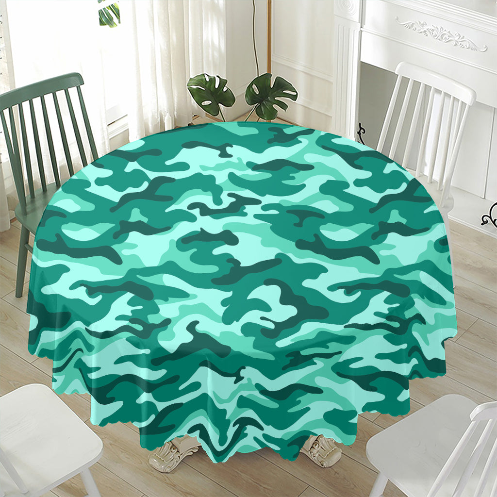 Teal Camouflage Print Waterproof Round Tablecloth