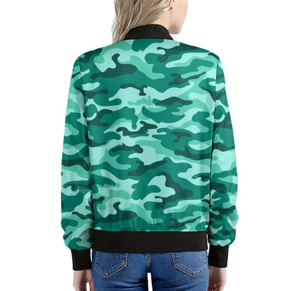 Teal Camouflage Print Women's Bomber Jacket