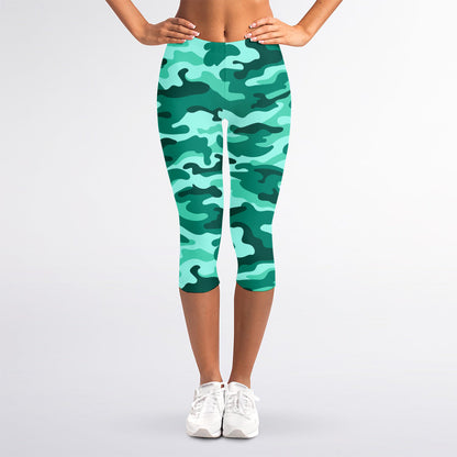 Teal Camouflage Print Women's Capri Leggings