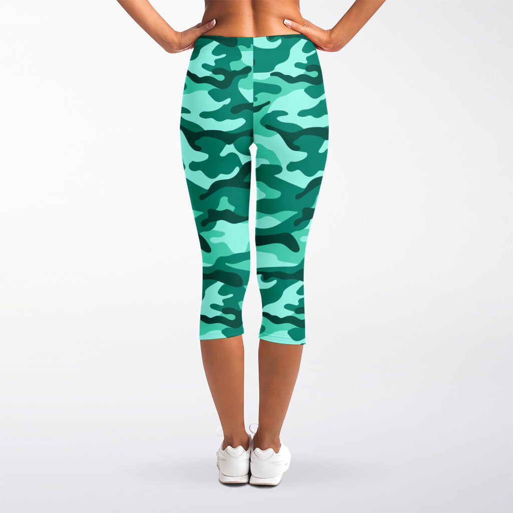 Teal Camouflage Print Women's Capri Leggings
