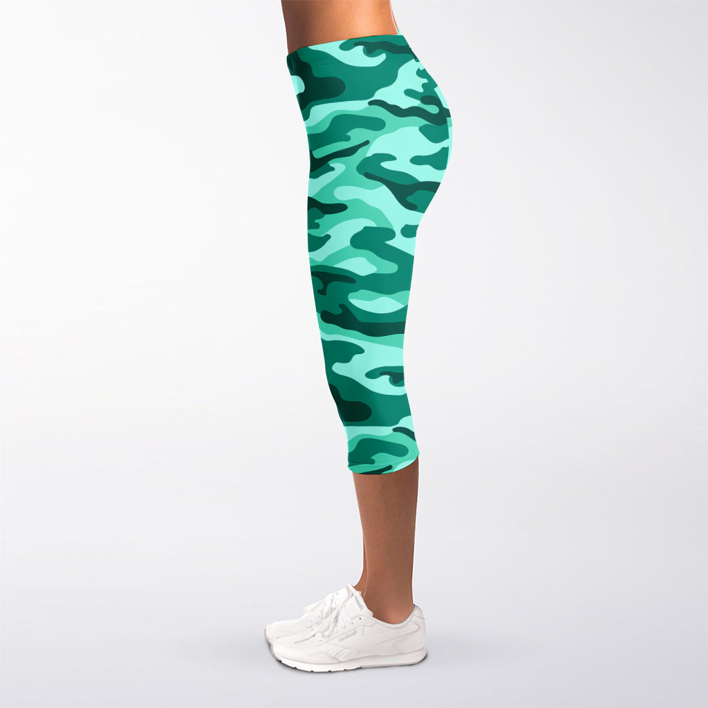 Teal Camouflage Print Women's Capri Leggings
