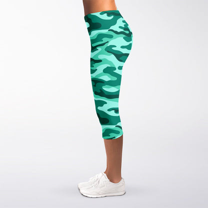 Teal Camouflage Print Women's Capri Leggings
