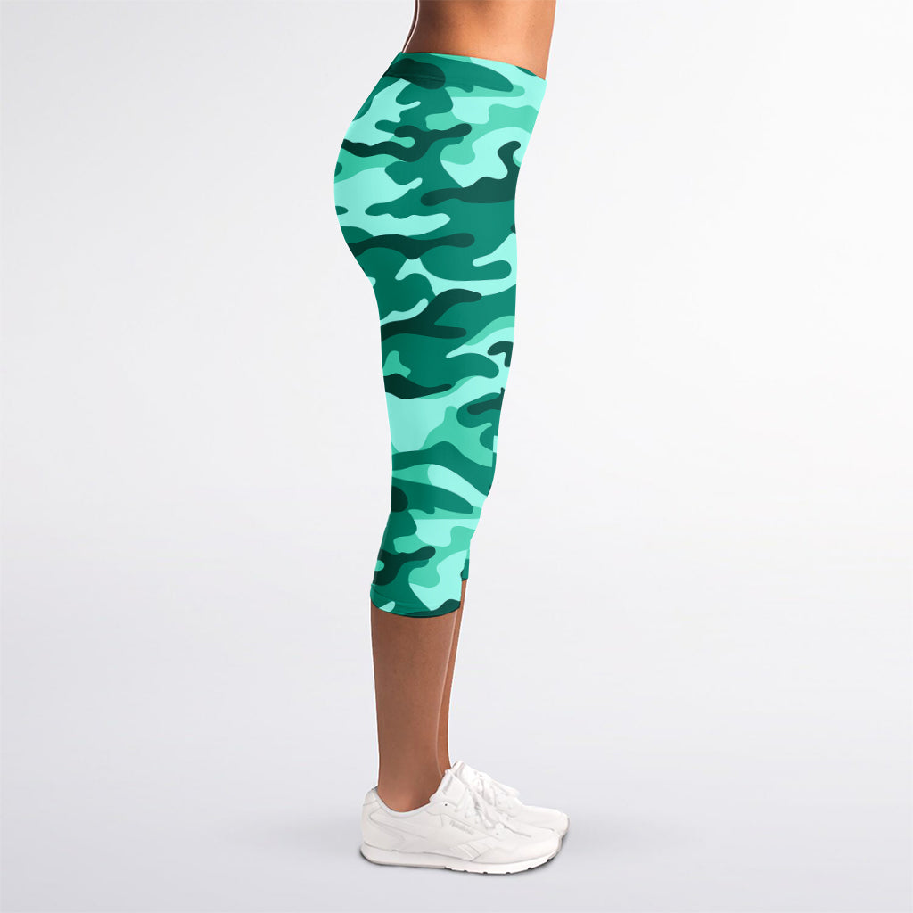 Teal Camouflage Print Women's Capri Leggings