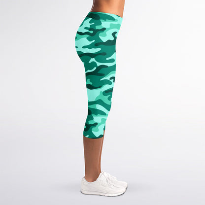 Teal Camouflage Print Women's Capri Leggings
