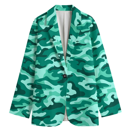 Teal Camouflage Print Women's Cotton Blazer